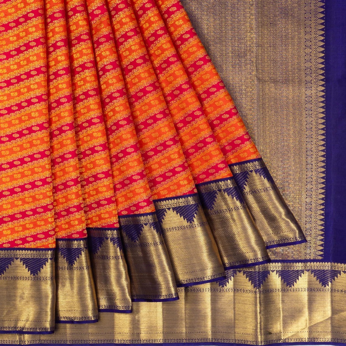 Kanchipuram Silk Leheriya Jaal Orange And Red Saree