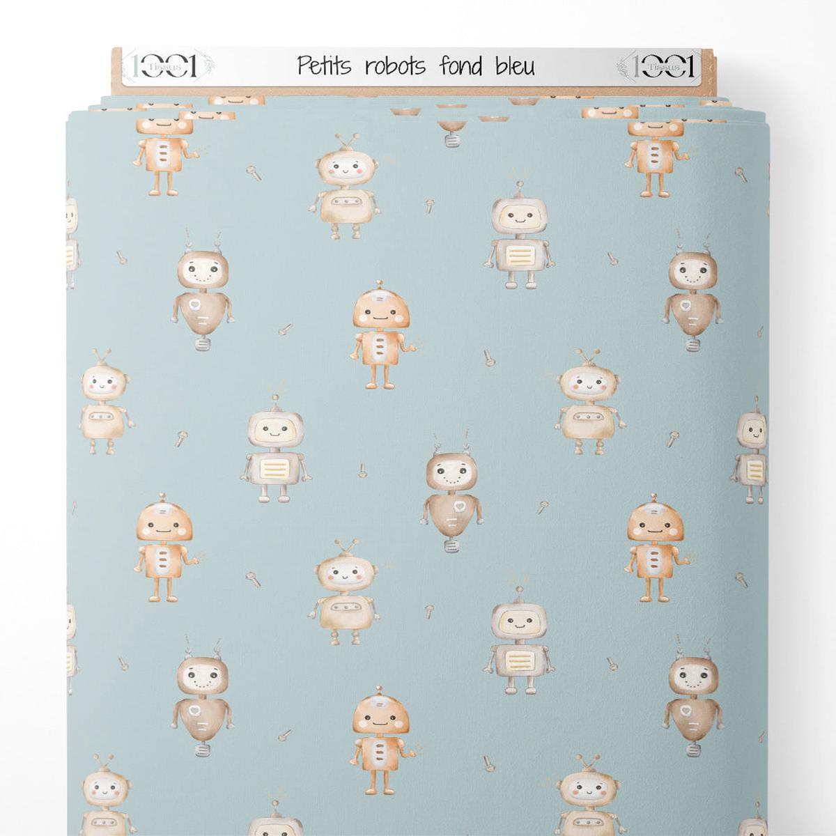 Tissu - Petits robots sur fond bleu