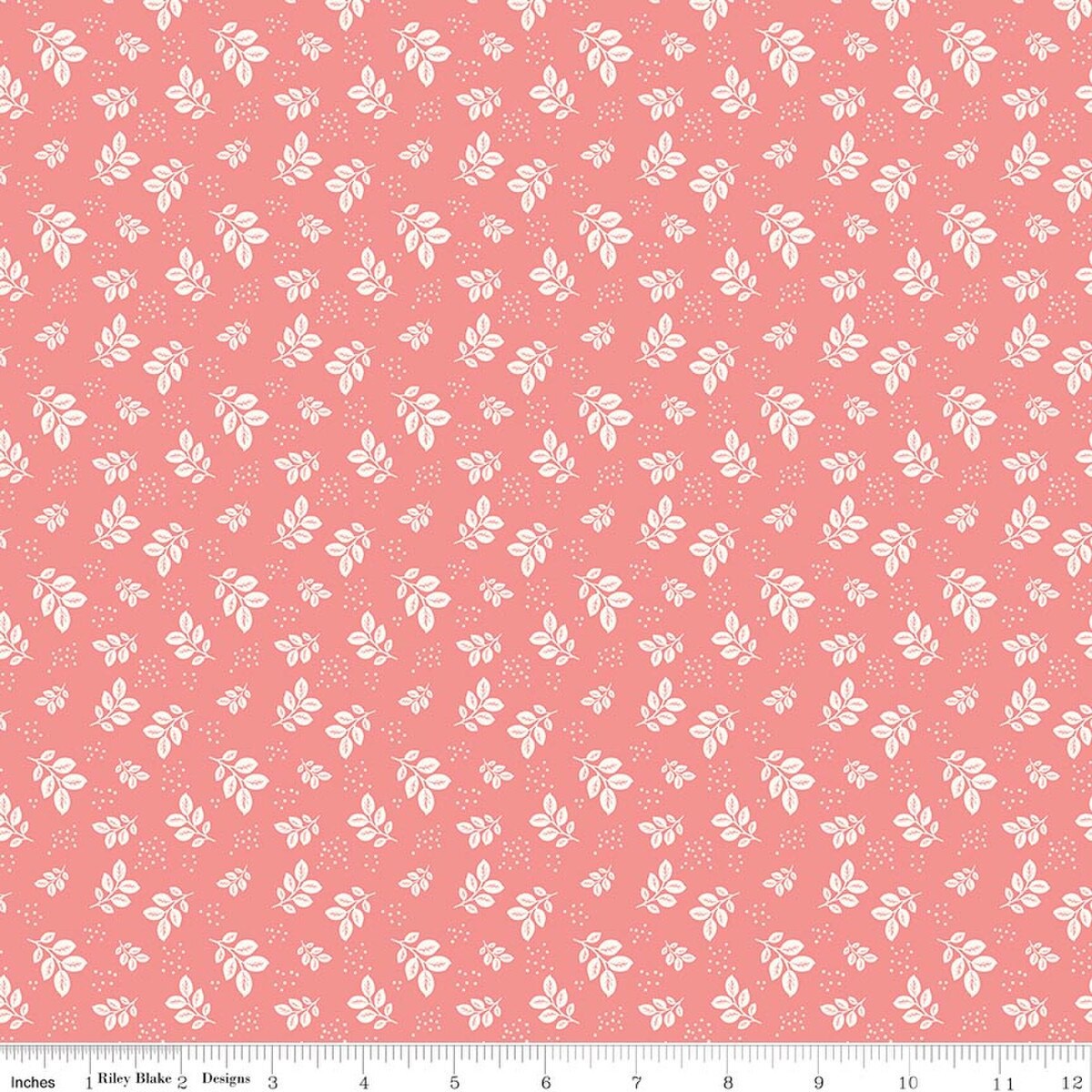 Coral with Cream Leaves Cotton Fabric