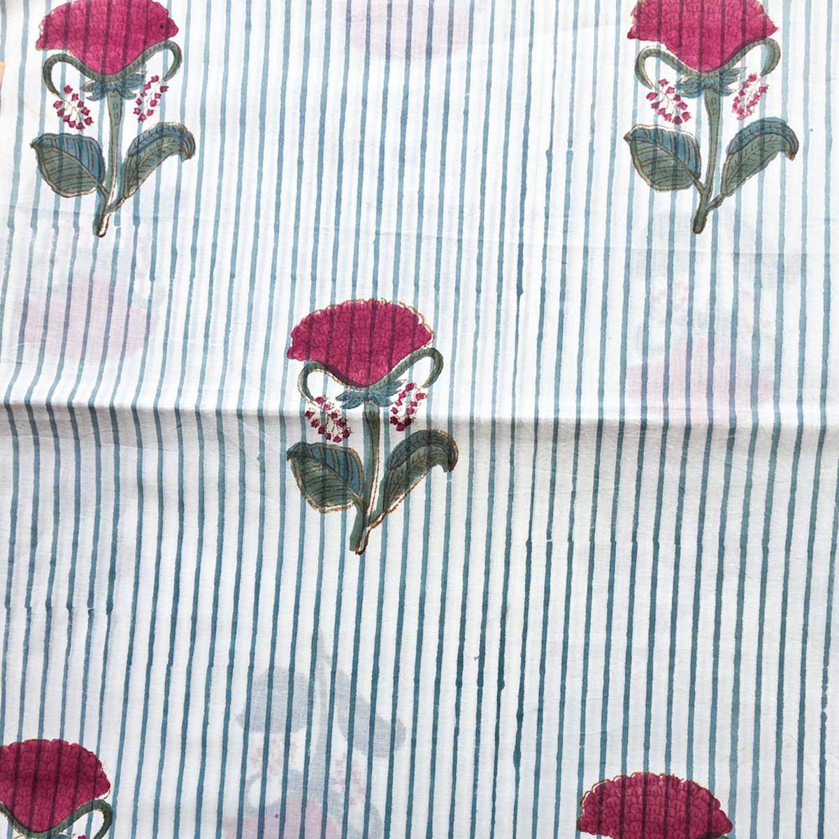 Pure Cotton Jaipuri White With Mint Green Stripes And Big Flower Motif Hand Block Print Fabric