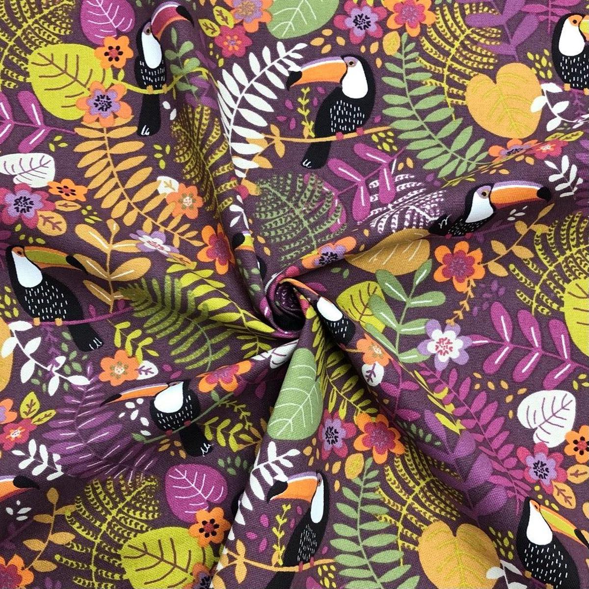 Toucans in Rainforest on Purple Panama Fabric