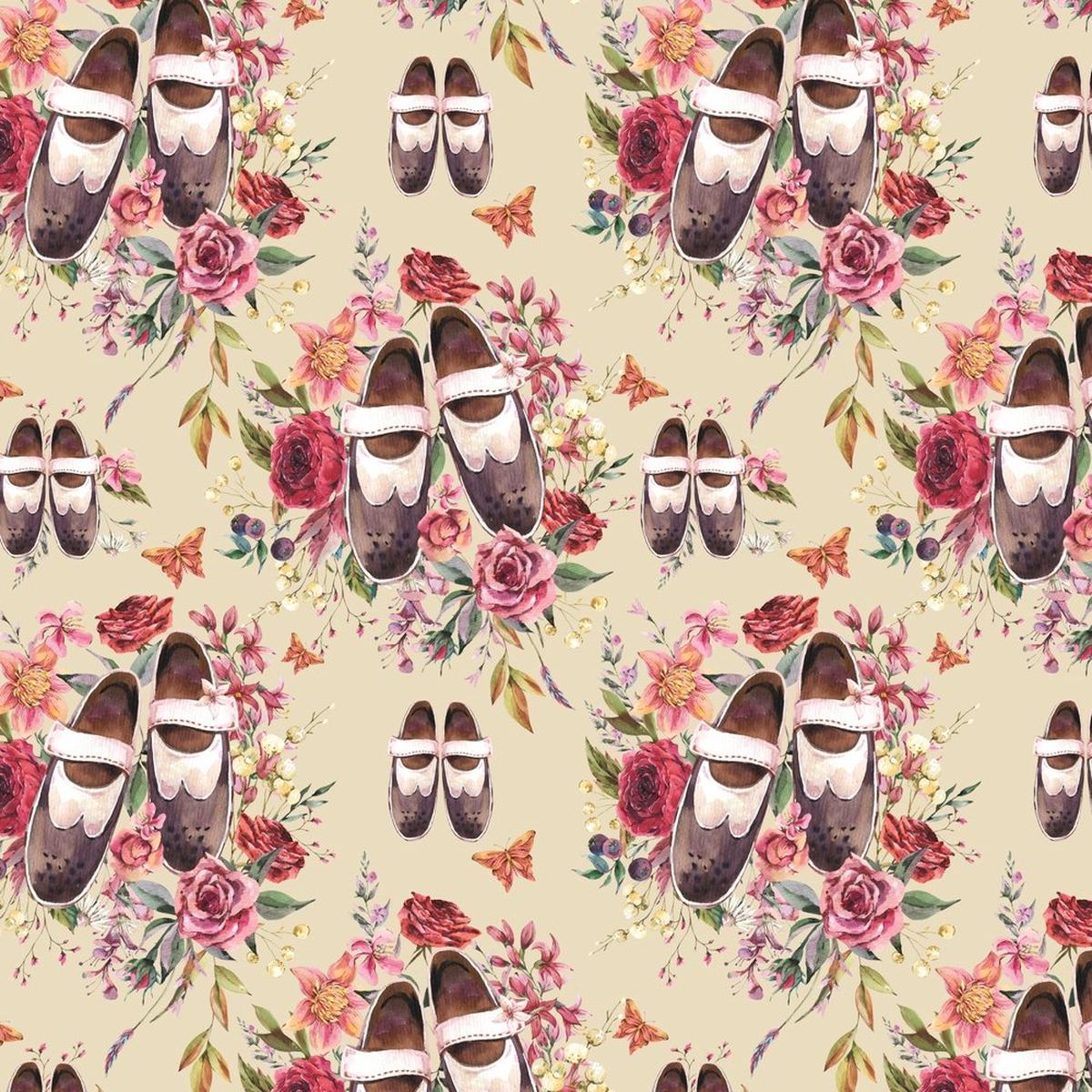 Vintage Shoes Florals Fabric - Tan