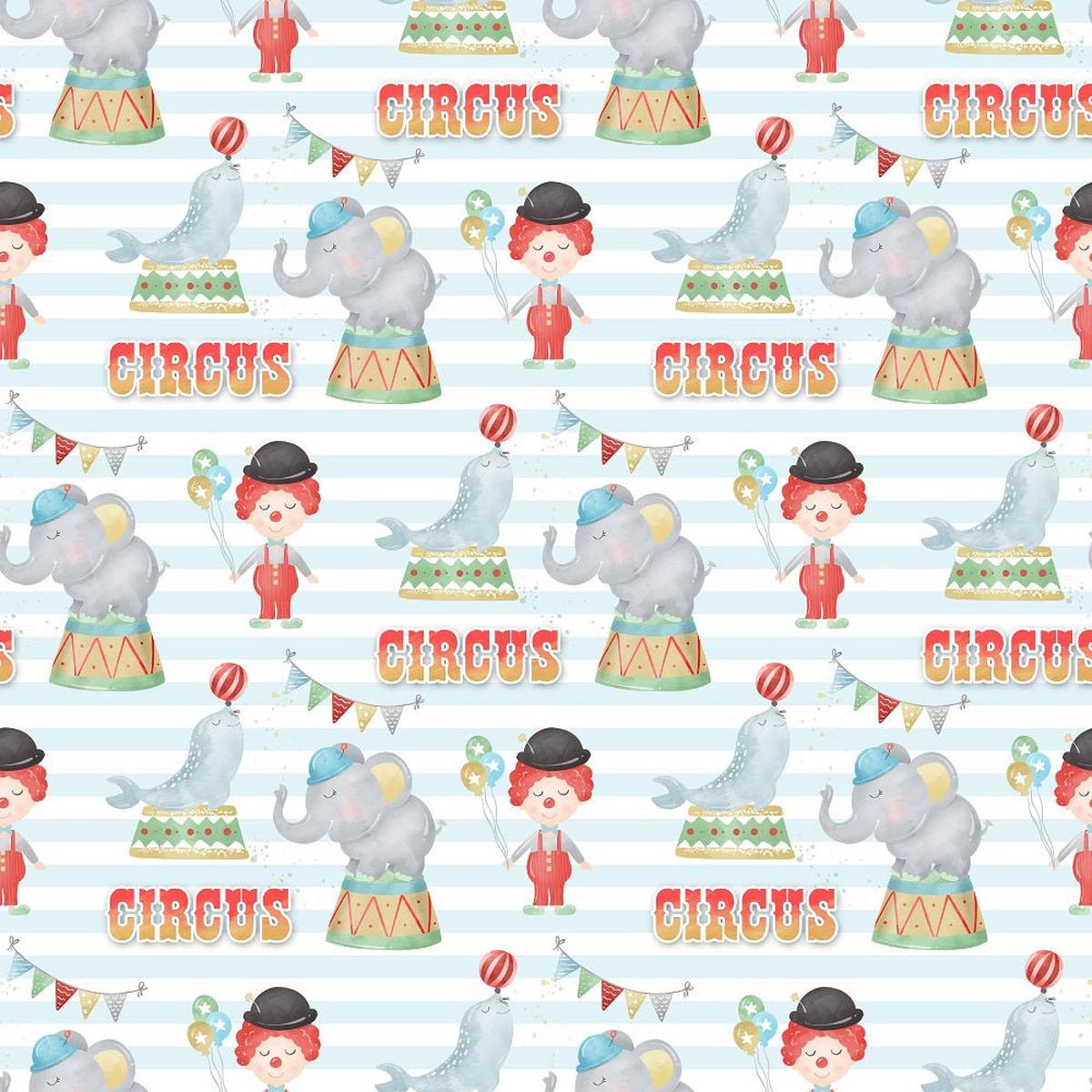 Watercolor Circus Scene 2 on Stripes Fabric - Blue