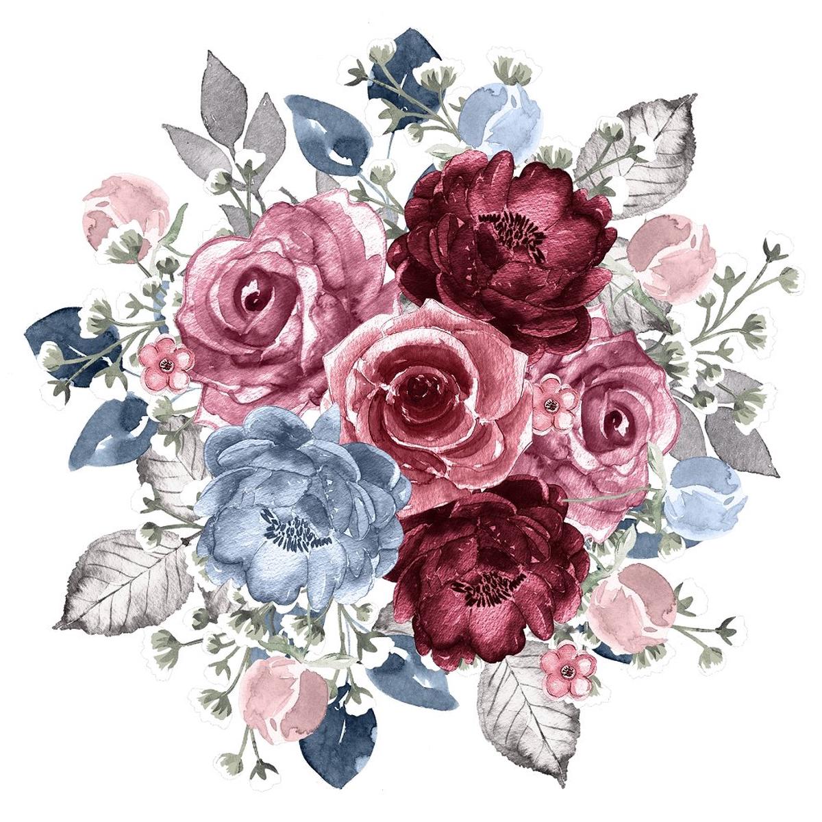 Dusty Blue and Burgundy Round Floral Bouquet Fabric Panel