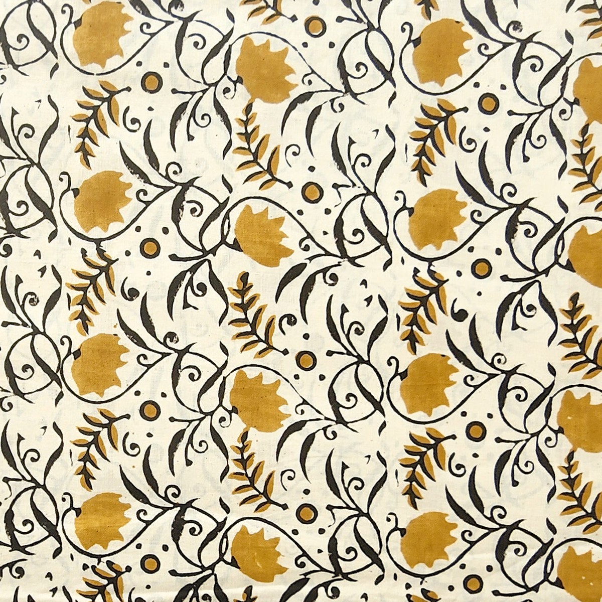 Pure Cotton Bagru Cream With mustard Flower Jaal Hand Block Print Fabric