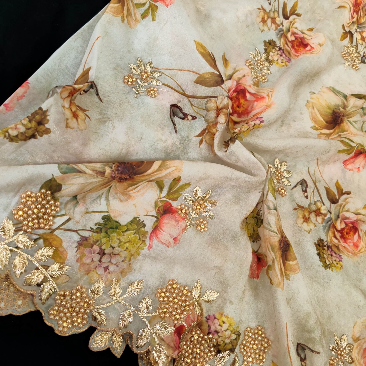 Pearl White Floral Muslin With One Side Embroiedered Fabric