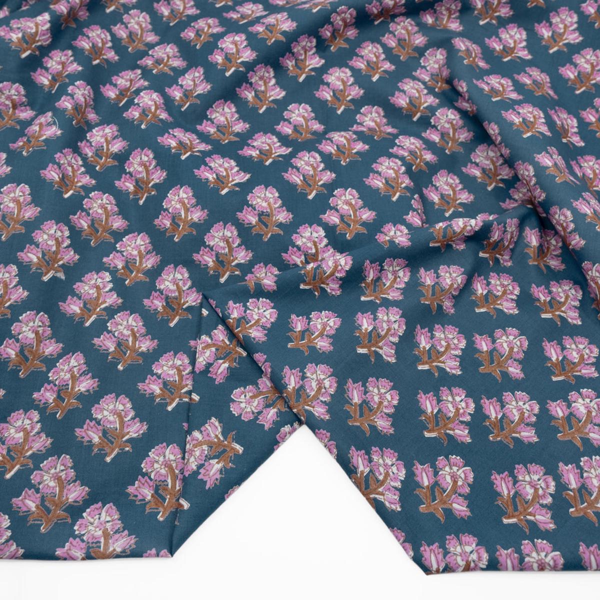 Bloom Block Printed Organic Cotton Batiste - Denim/Dahlia