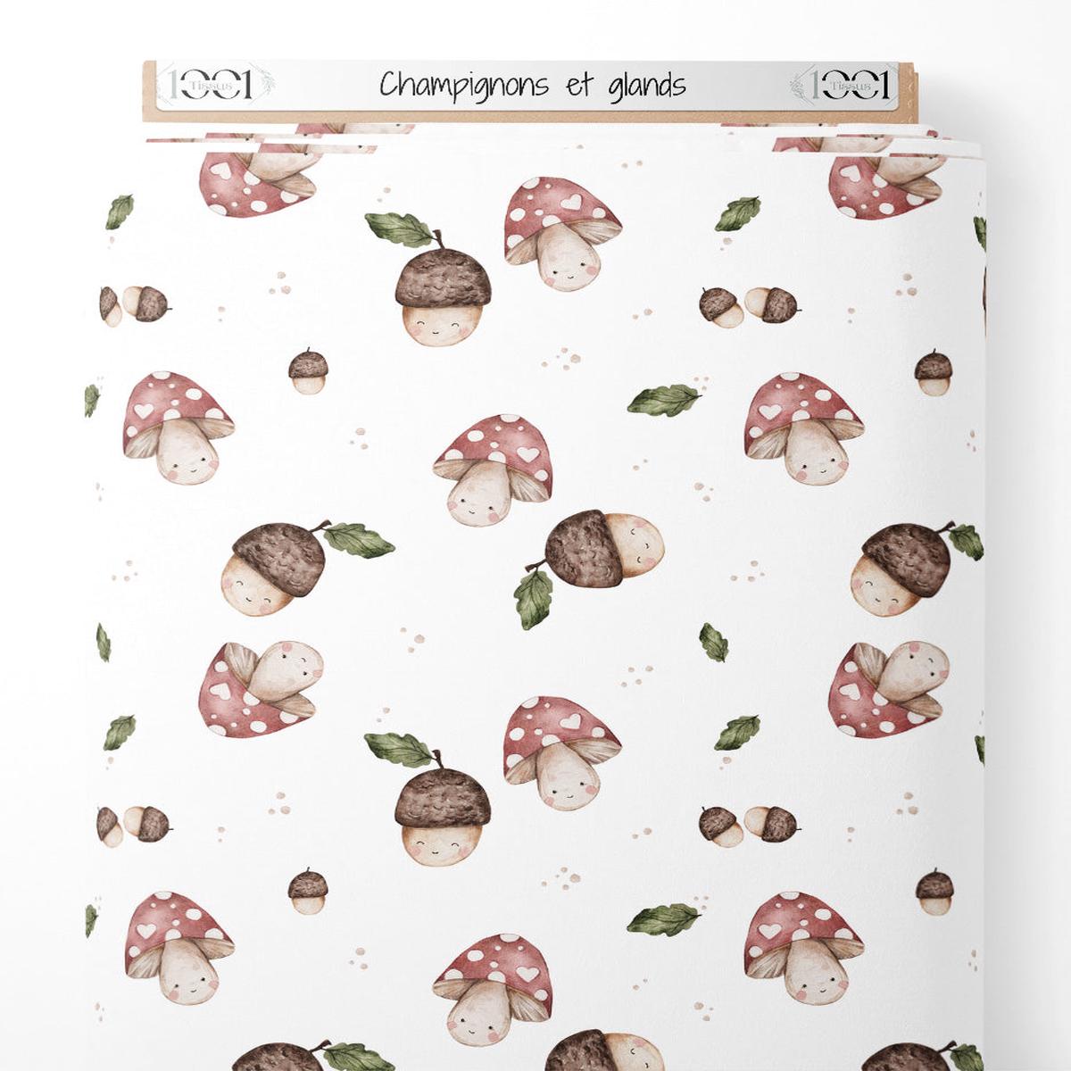 Tissu - Champignons et glands sur fond