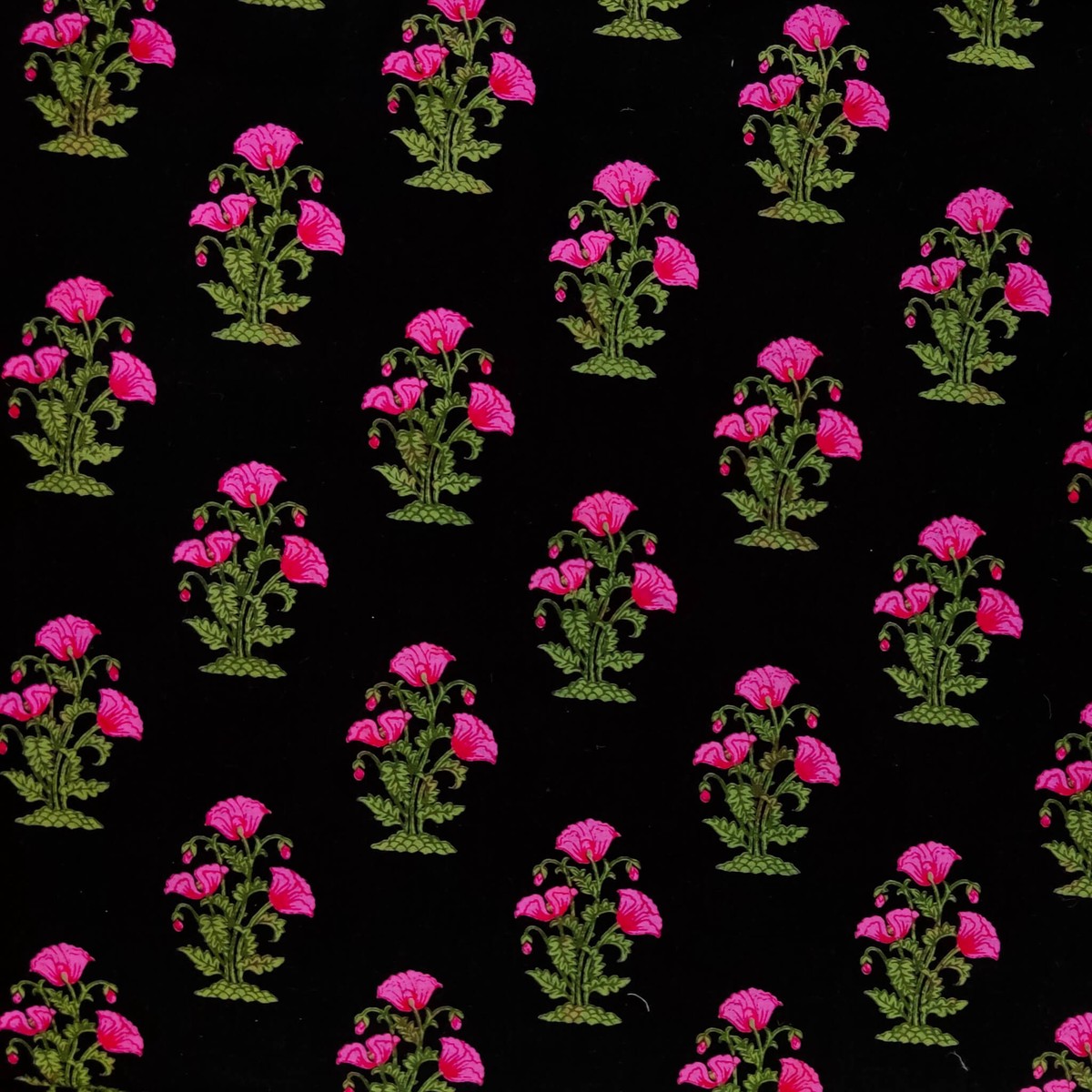 Pure Cotton Black Screen Print With Pink Floral Motifs