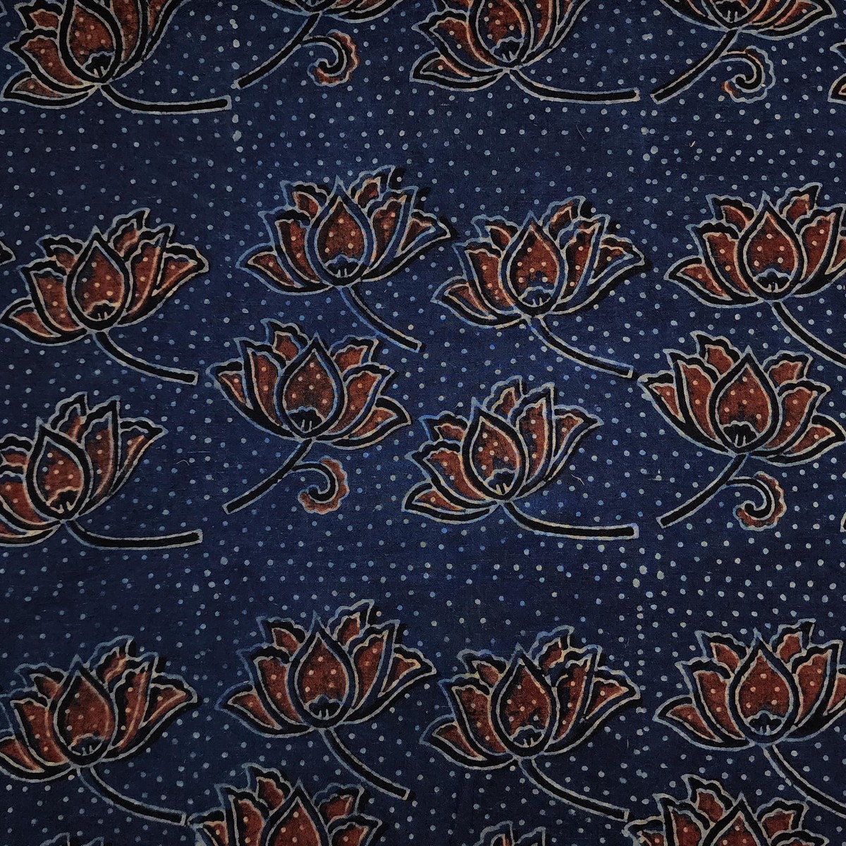 Pure Cotton Ajrak Persian Blue With Rust Kamal Hand Block Print Fabric