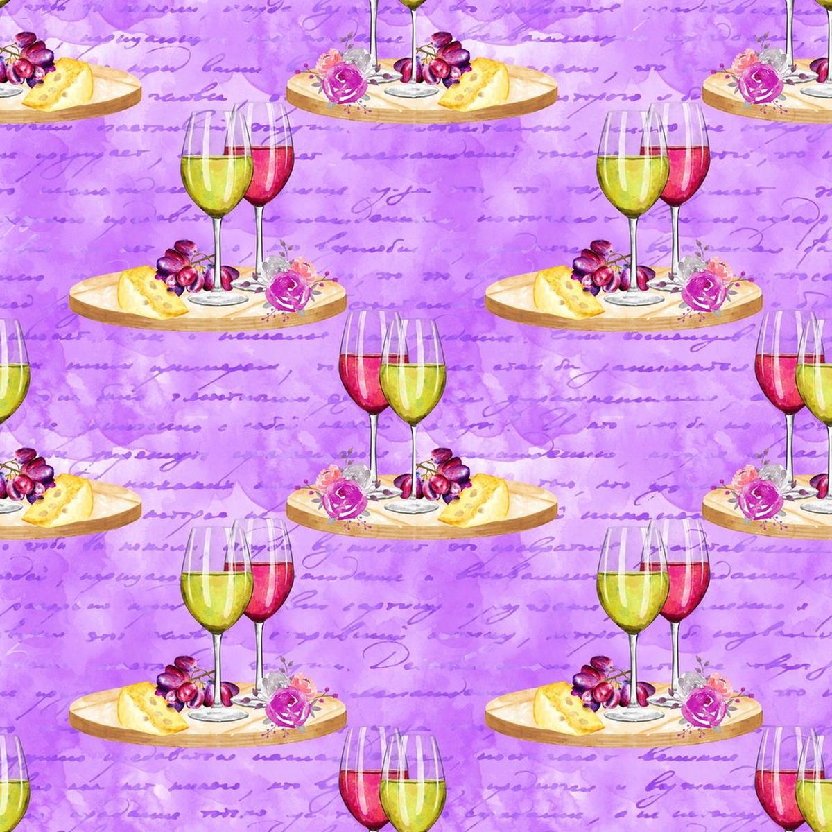Rose and Wine Glasses on Text Fabric - Purple