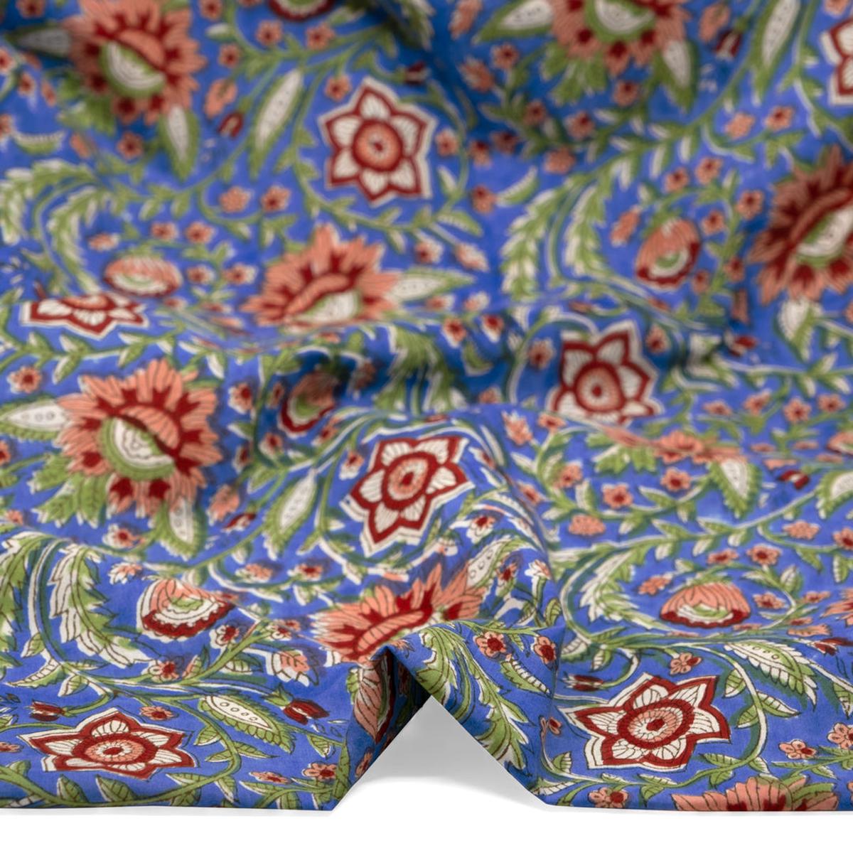 Vine Block Printed Organic Cotton Batiste - Cerulean/Leaf Green/Crimson