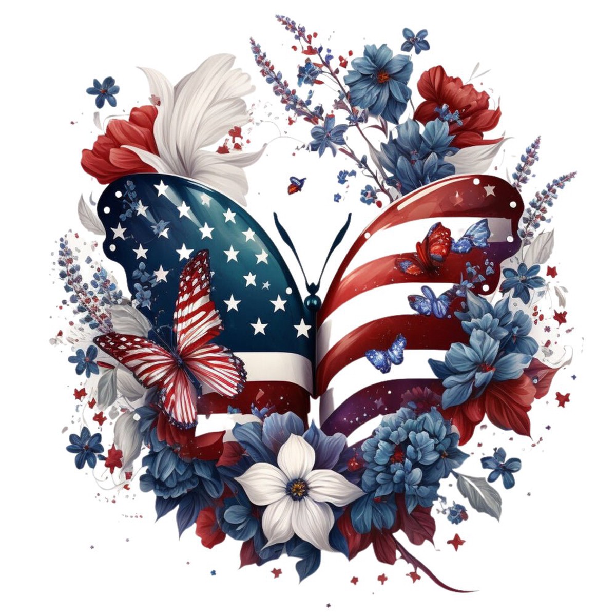 Patriotic Floral Butterfly 3 Fabric Panel