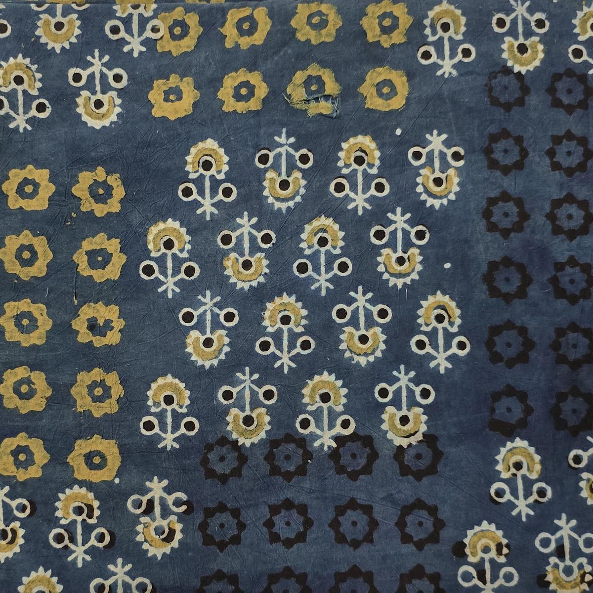 Pure Cotton Ajrak Blue With Black With And Mint Green Different Block Design Hand Block Print Fabric