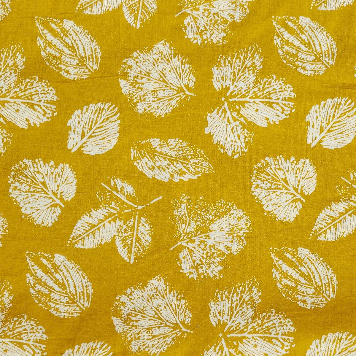 Pure Cotton Mustard With White Leaves Motif Screen Print Fabric