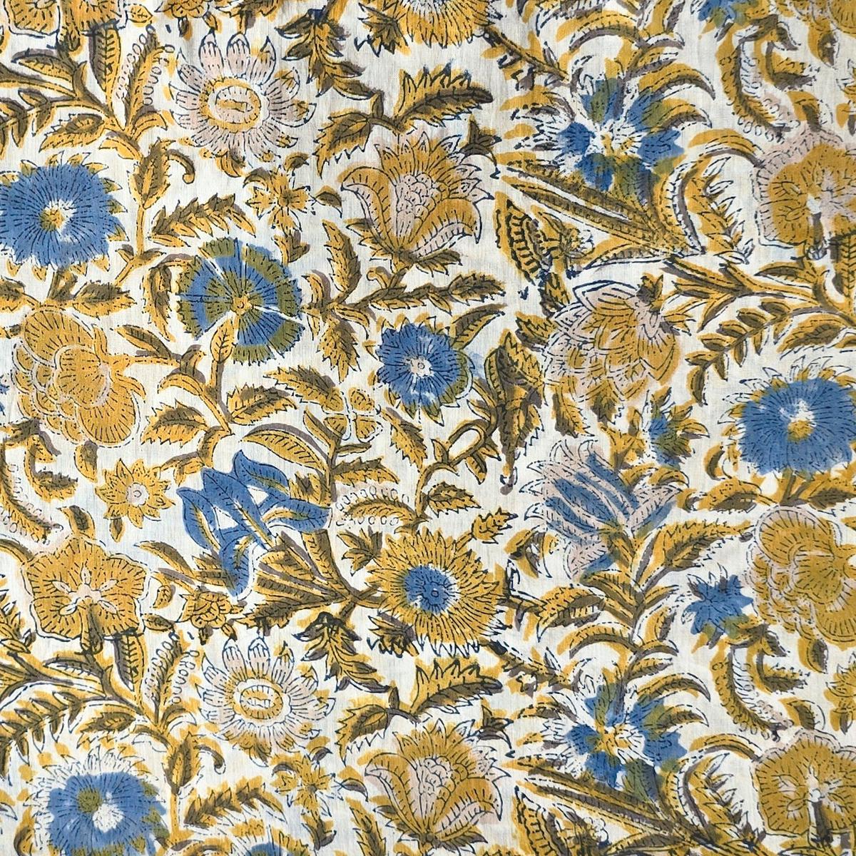 Pure Mul Cotton Jaipuri White With Blue And Yellow Flower Jaal Hand Block Print Fabric