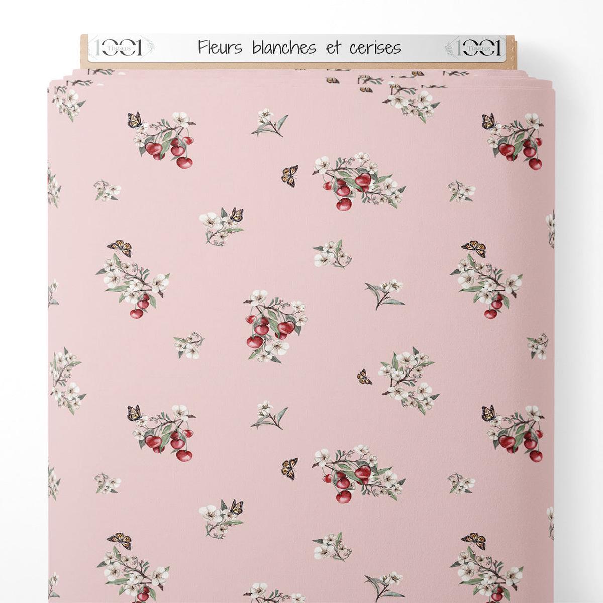 Tissu - Fleurs blanches et cerises