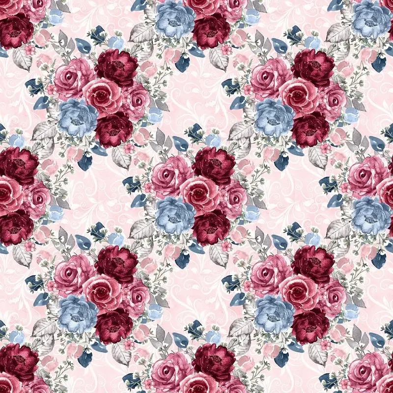 Dusty Blue and Burgundy Large Bouquets on Vines Fabric - Pink
