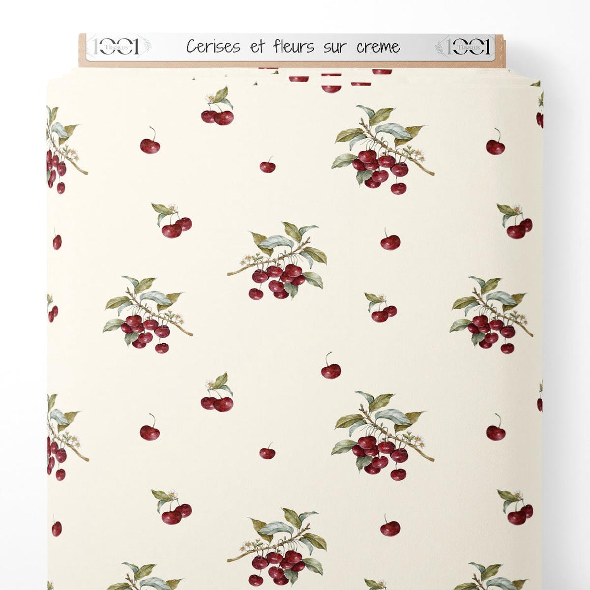 Tissu - Cerises et fleurs sur crme