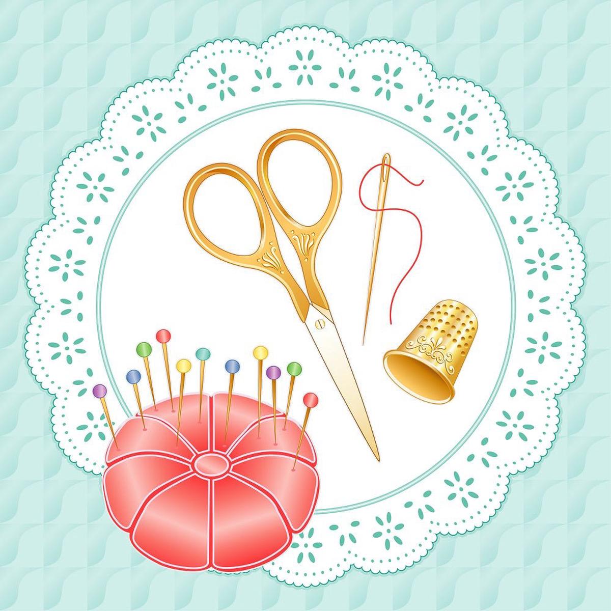 Sewing Supplies on Doily Fabric Panel