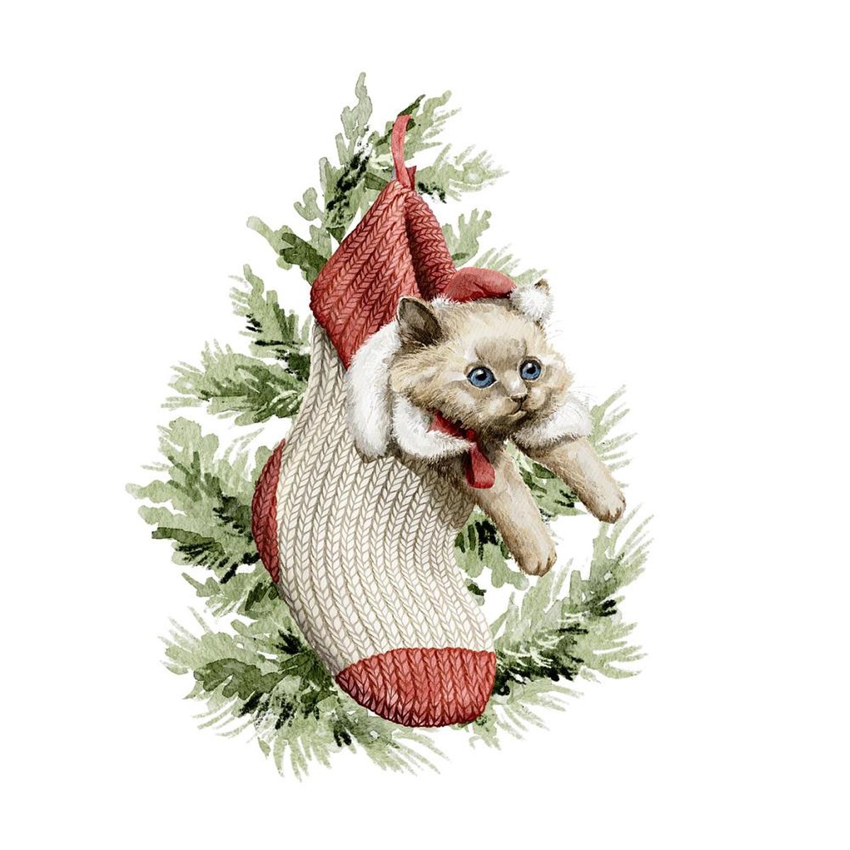 Kitten In Stocking Hanging On Tree Branches Fabric Panel
