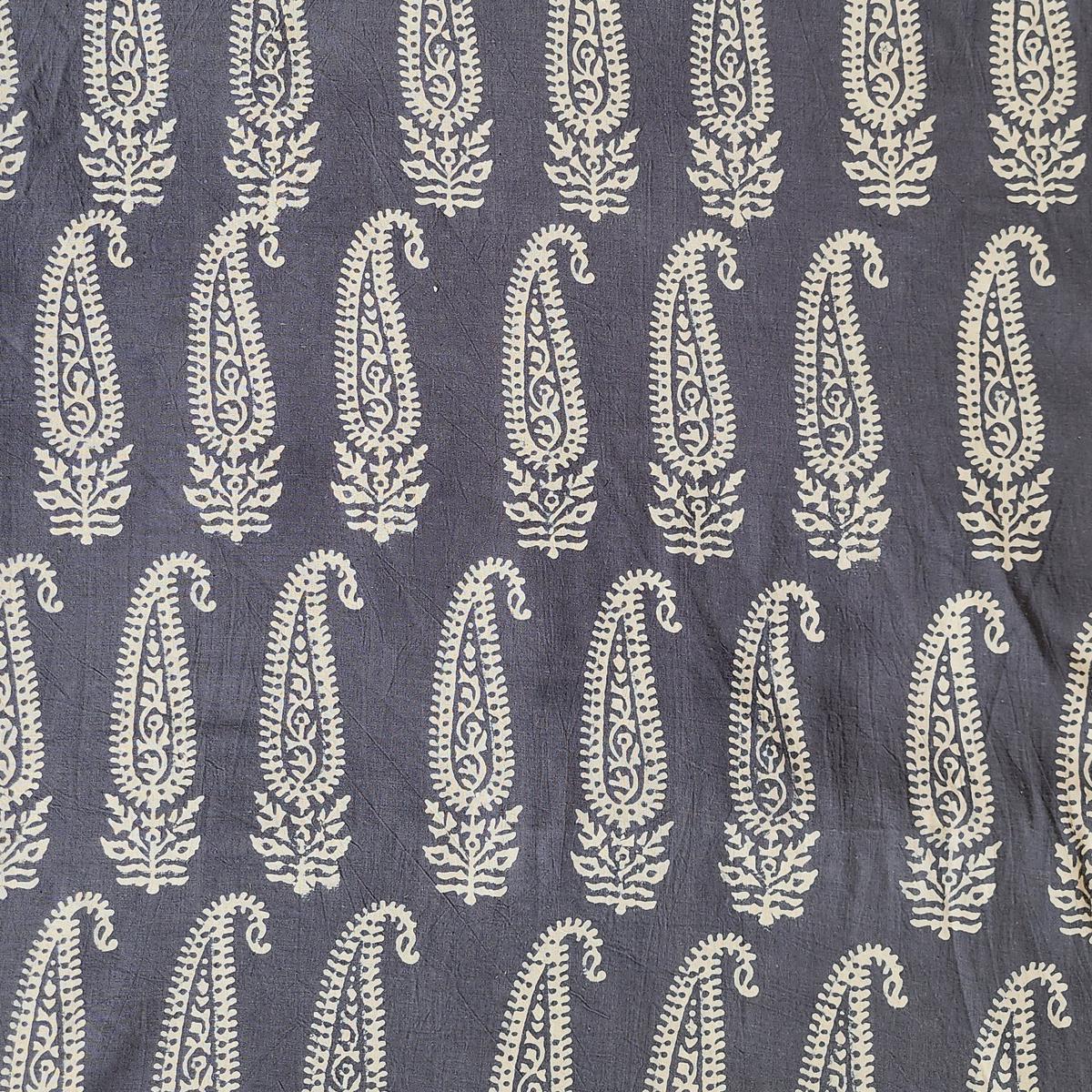 Pure Cotton Gamthi Grey With Cream Big Kairi Motif Hand Block Print Fabric