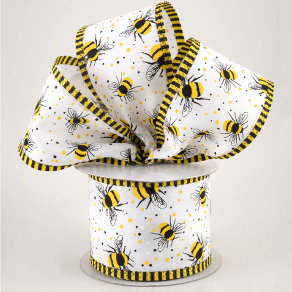 Bumble Bee Stripe Edge Wired Ribbon: White 2.5"