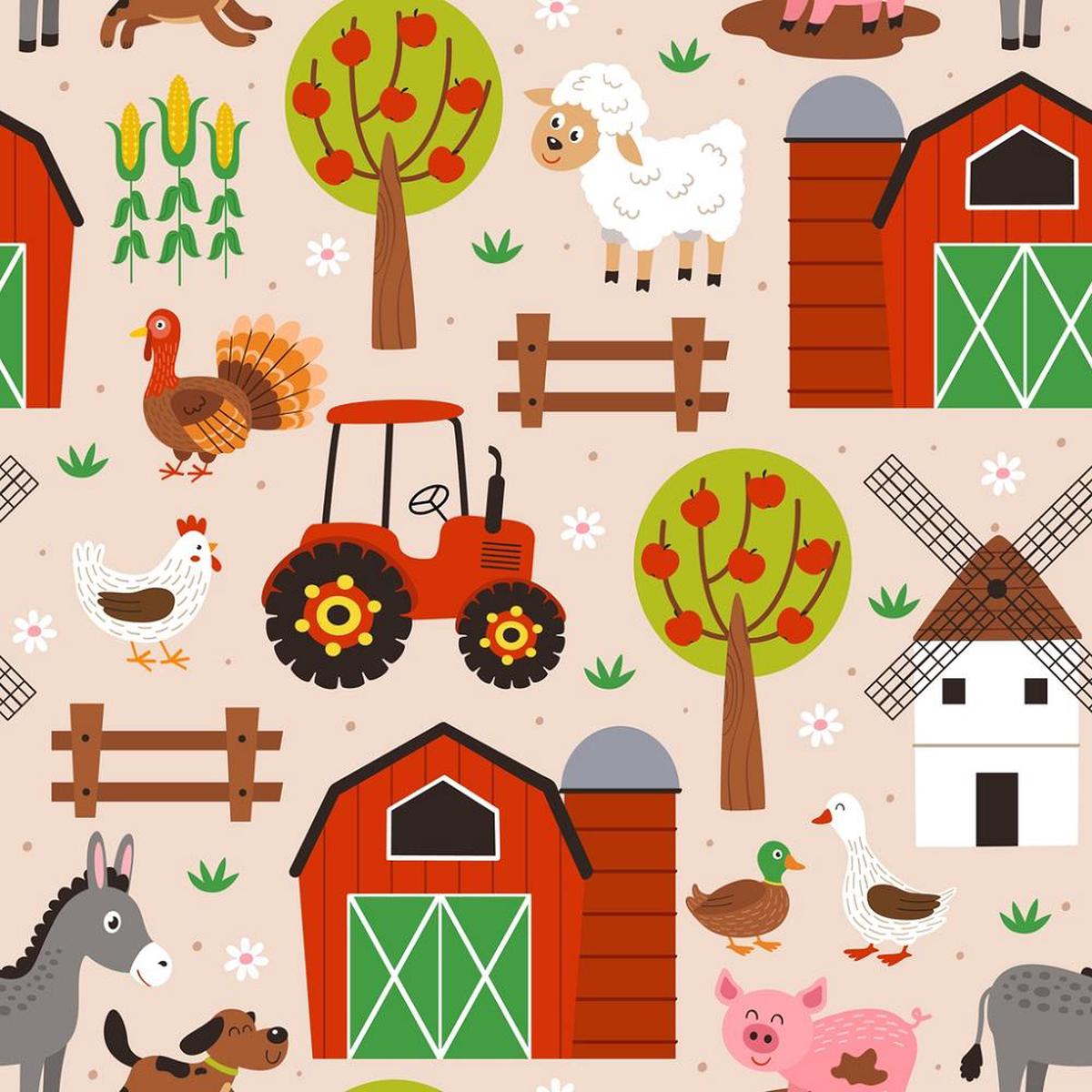 Cartoon Farming Elements Fabric - Pink