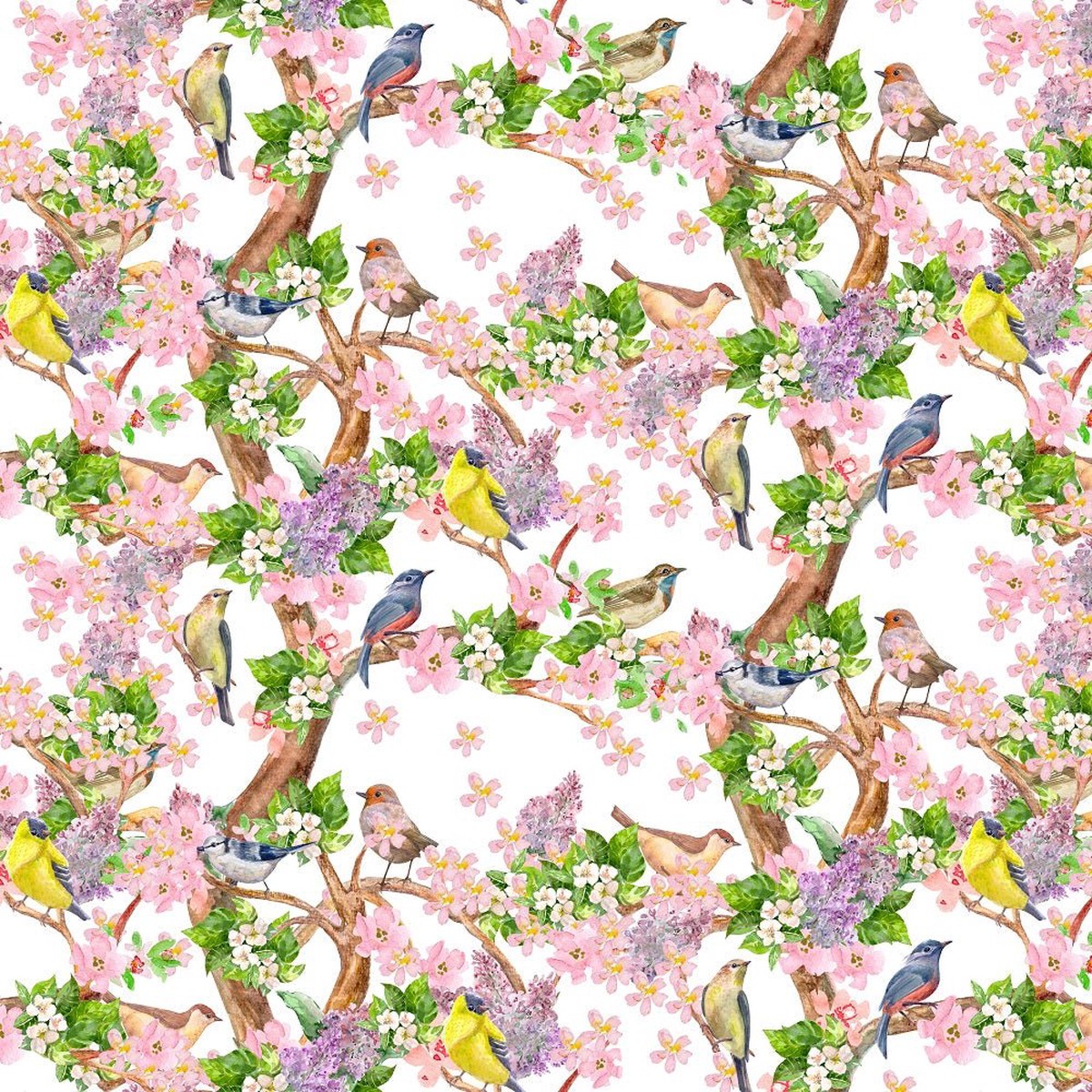 Watercolor Birds and Flying Butterflies Fabric
