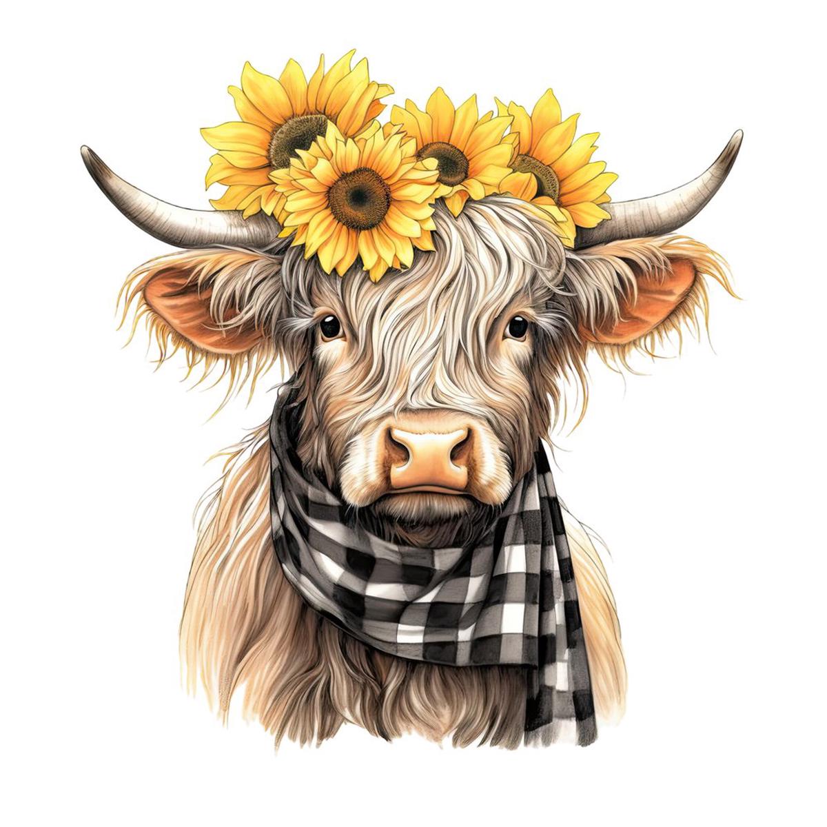 Highland Cow Scarf Flowers 12 Fabric Panel