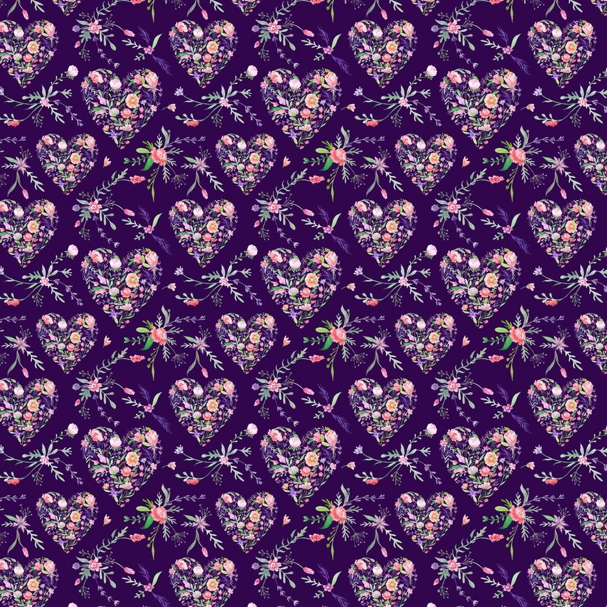 Watercolor Floral Heart Fabric - Purple