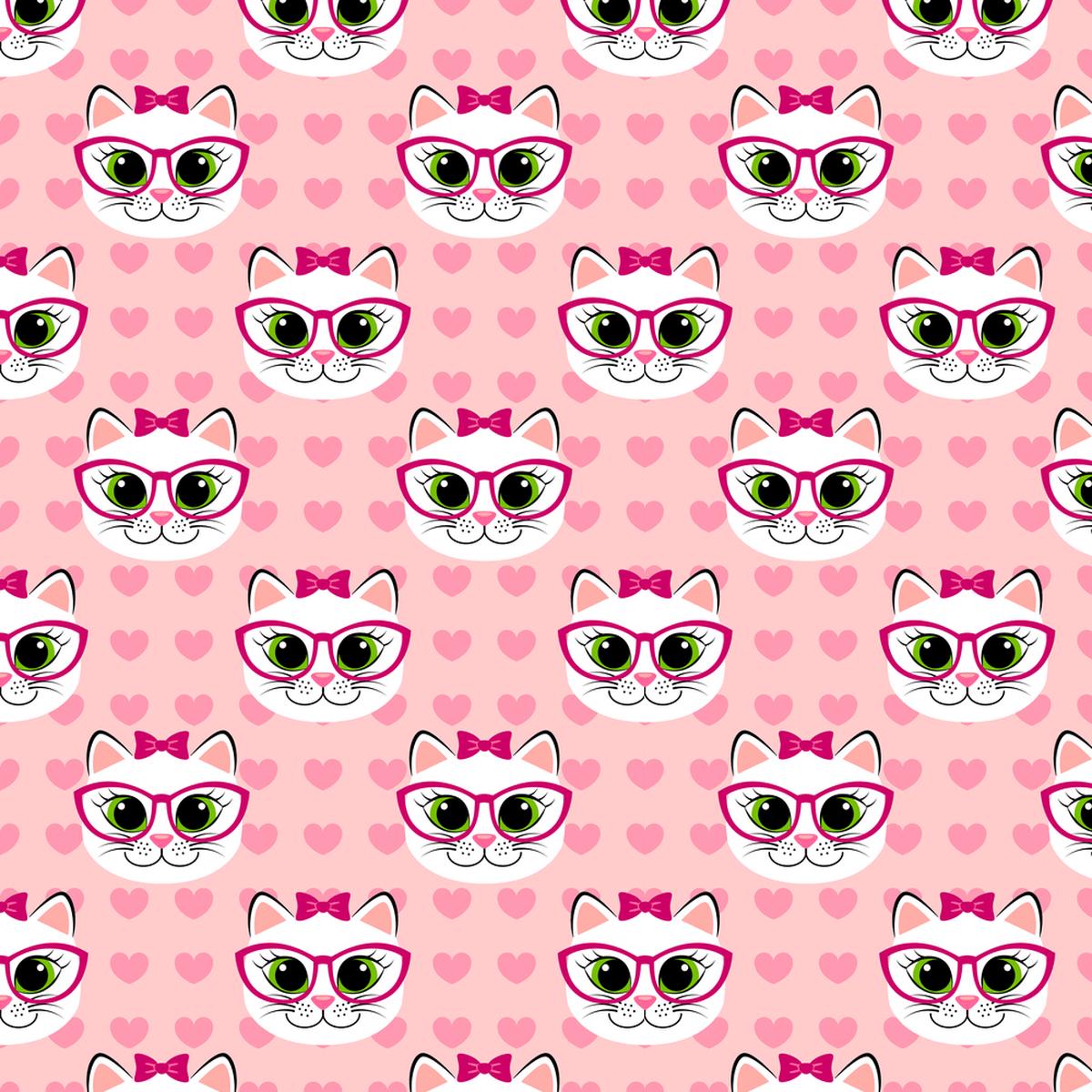 Cute Kittens & Hearts Fabric - Pink