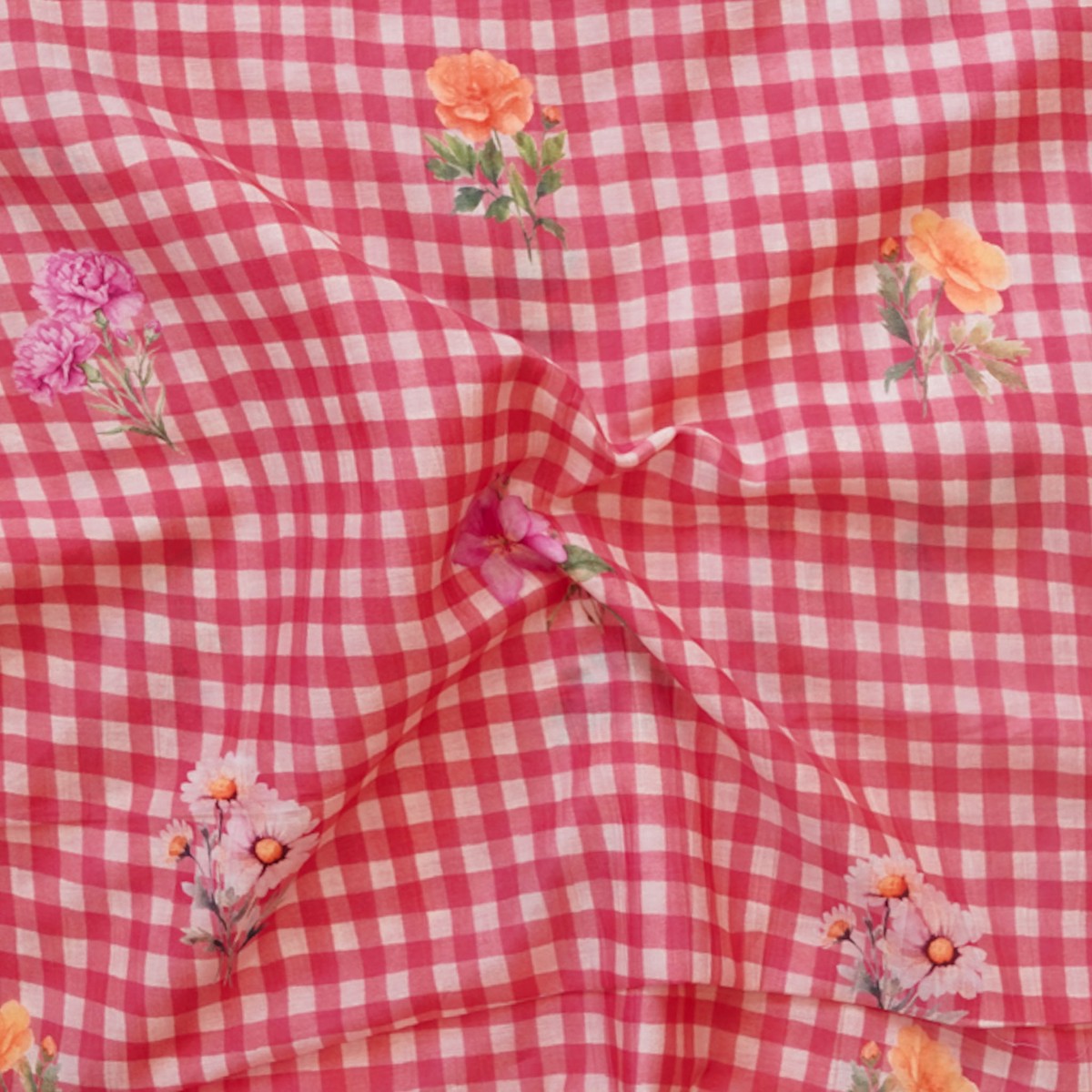 Mogra Peach Checks With Flower Motif Printed Fabric