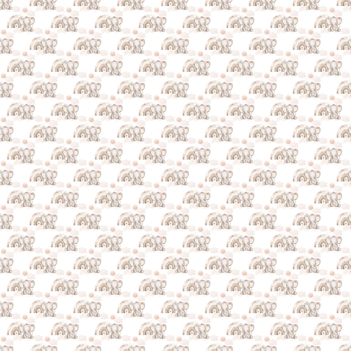 Packed Sweet Baby Elephants Rainbows Fabric - White