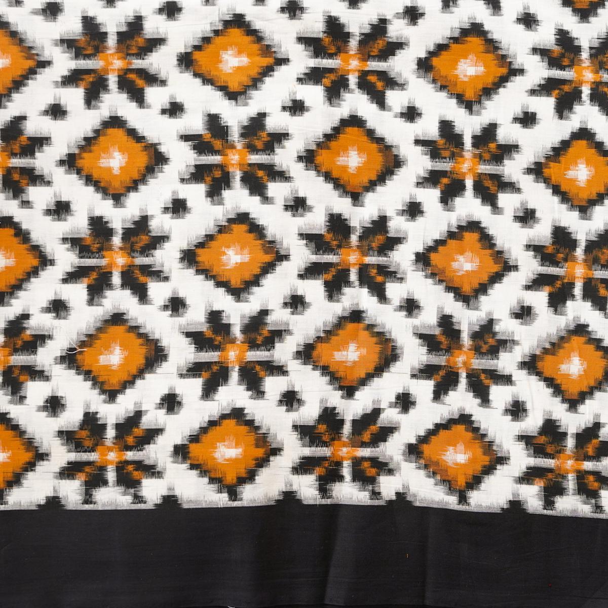 Pure Cotton Telia Rumal Ikkat White And mustard geometrical design With Border Woven Fabric