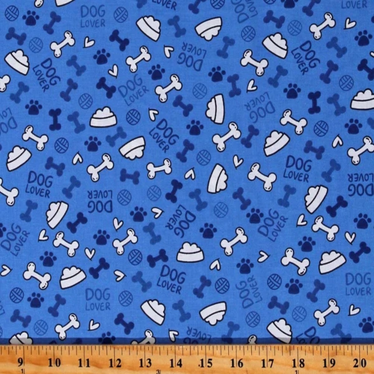 Cotton Dogs Bones Food Bowls Pawprints Pets Blue Fabric Print by Yard D760.39