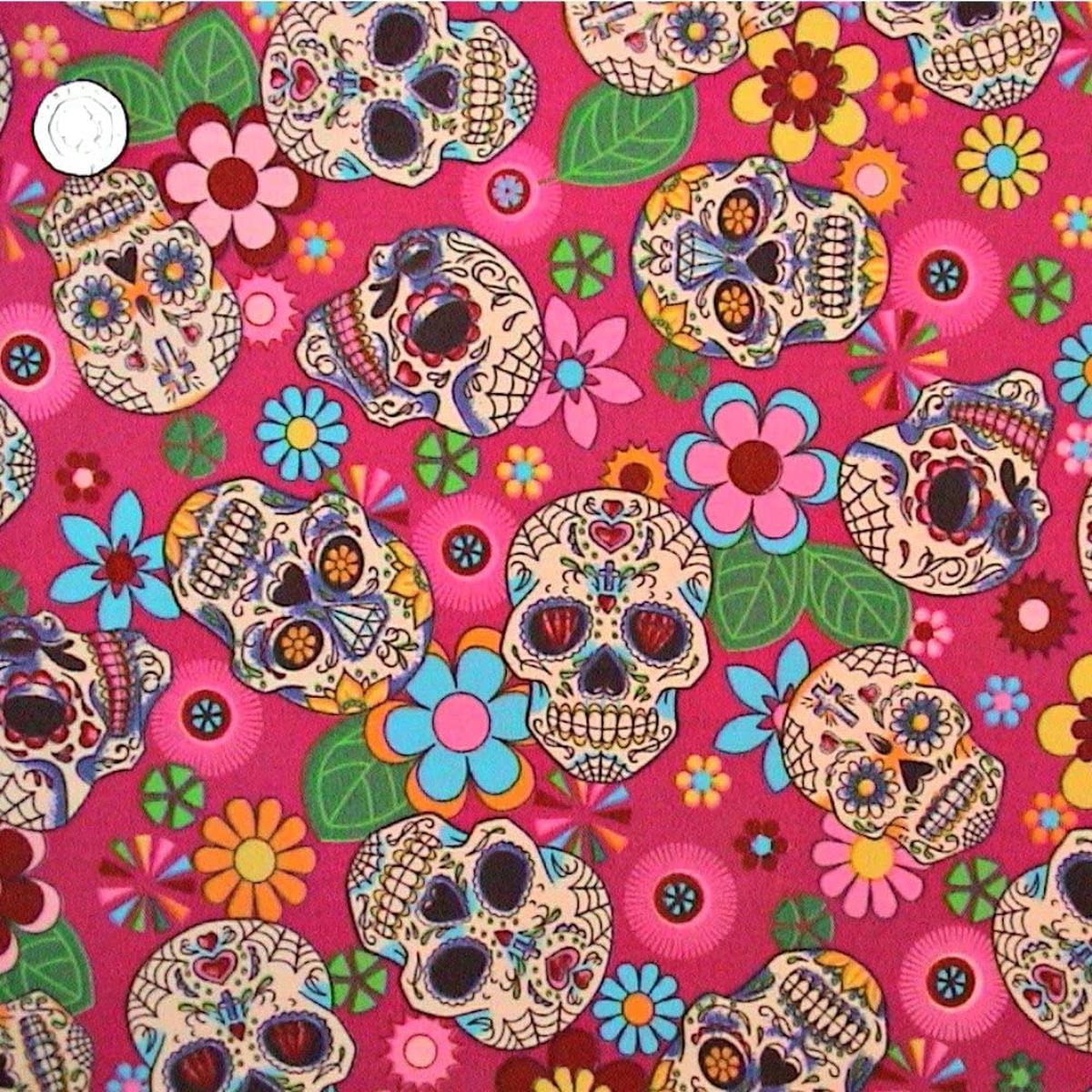 1 Metre 100% Cotton Poplin Fabric x 112cm / 44" - Cerise Floral Skull - C312