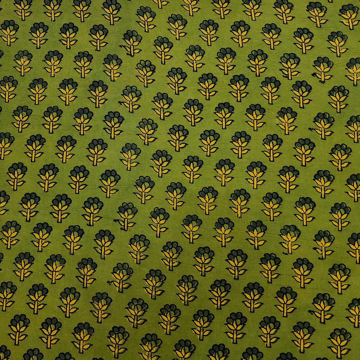 Pure Cotton Ajrak Green Tiny Flower Motif Hand Block Print Fabric