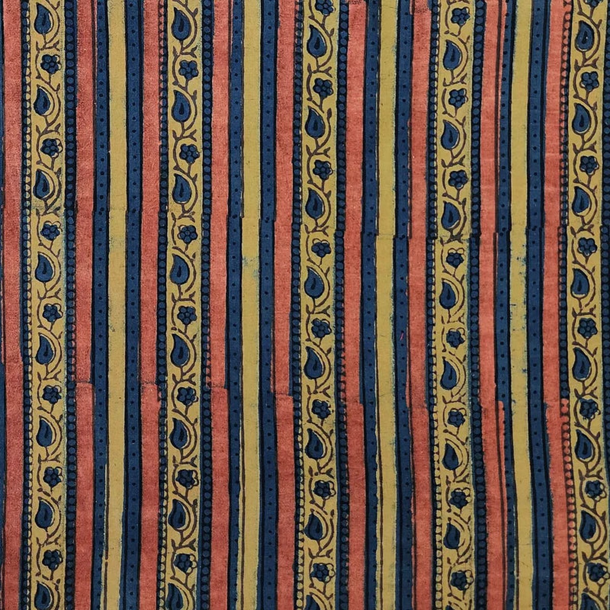 Pre-Cut 1 Meter Pure Cotton Gad Ajrak Blue With Light Orange Intricate Design Border Hand Block Print Fabric