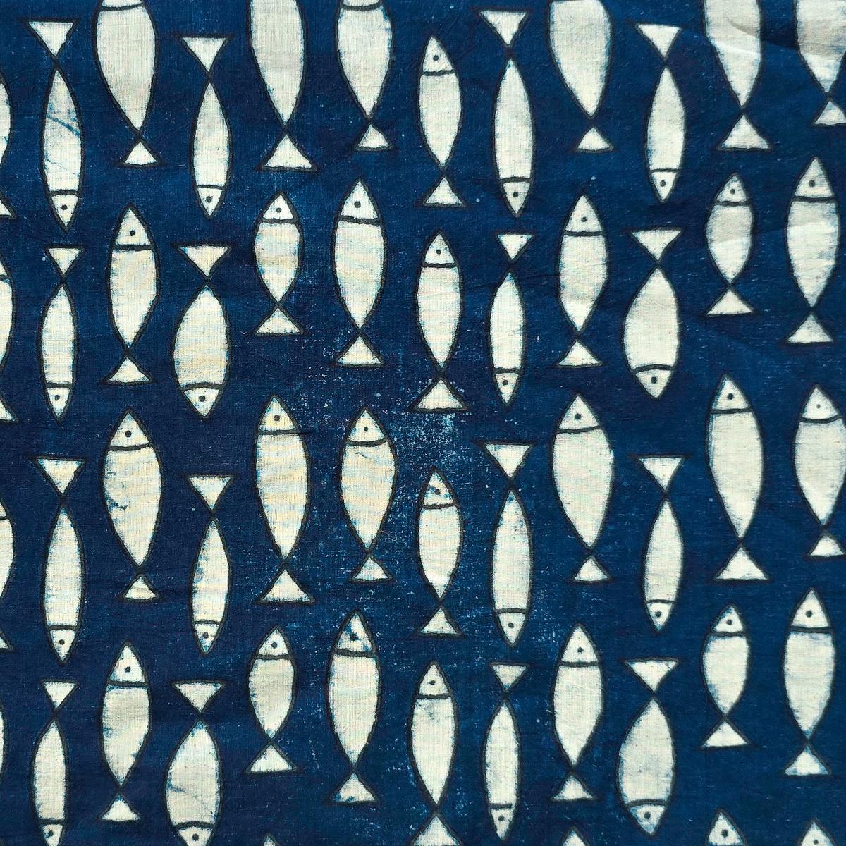 Pure Cotton Indigo Blue with white fish motif Hand Block Print Fabric