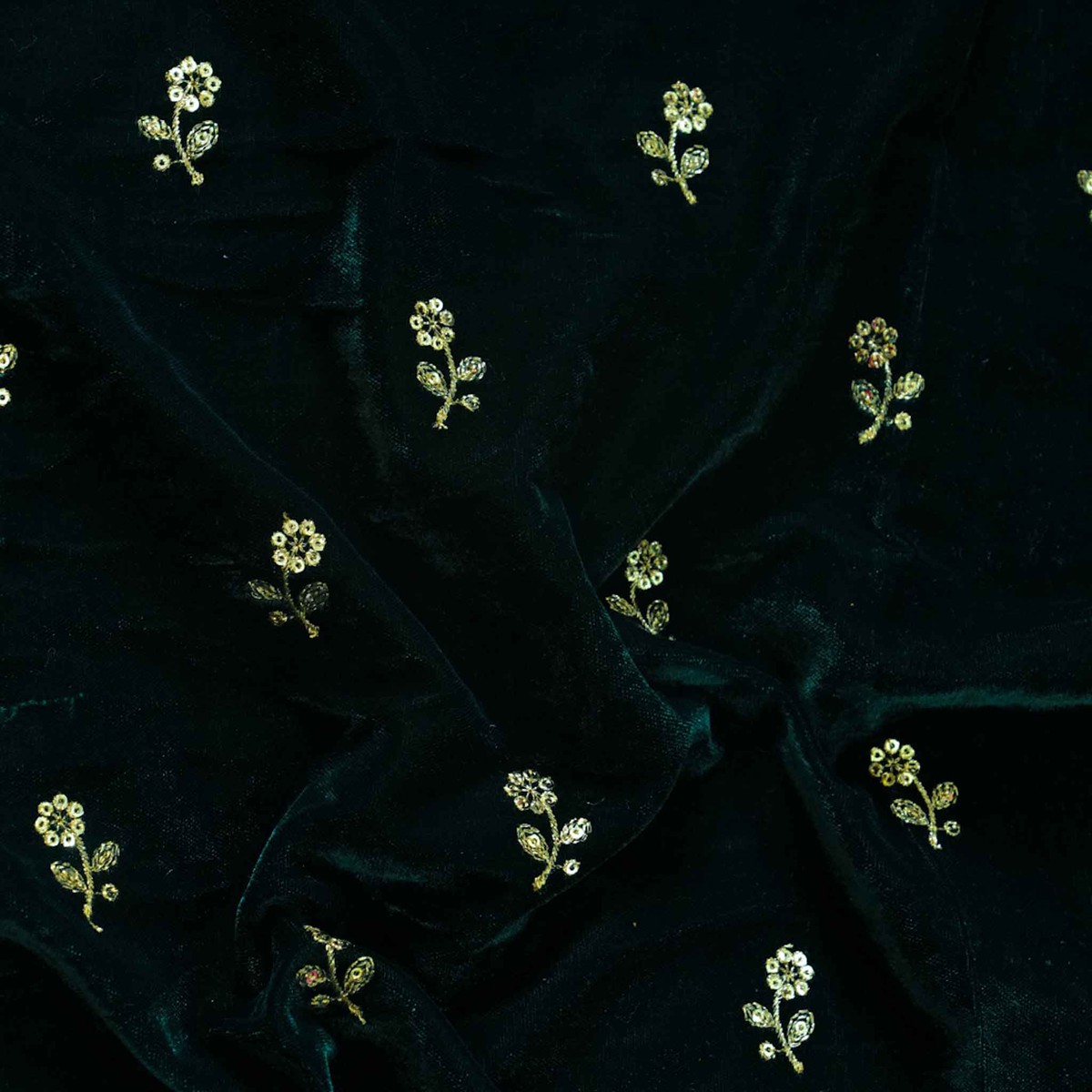 Deep Green Royal Velvet With Zari Flower Embroidered Motifs
