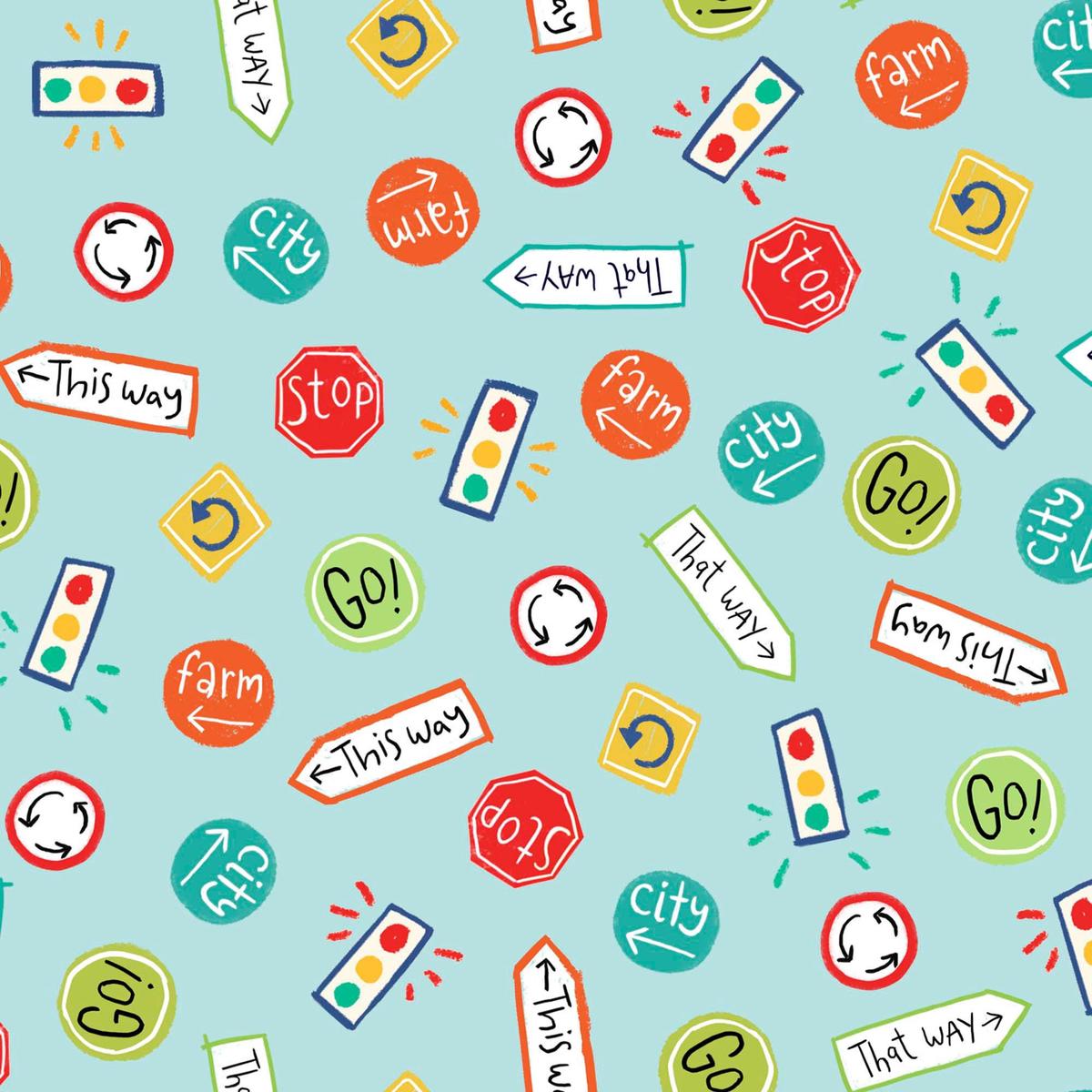 SALE Vroom Vroom Street Signs Toss 30828 Aqua Q - - QT Fabrics - Automobile Signs Stop Stoplight - Quilting Cotton Fabric