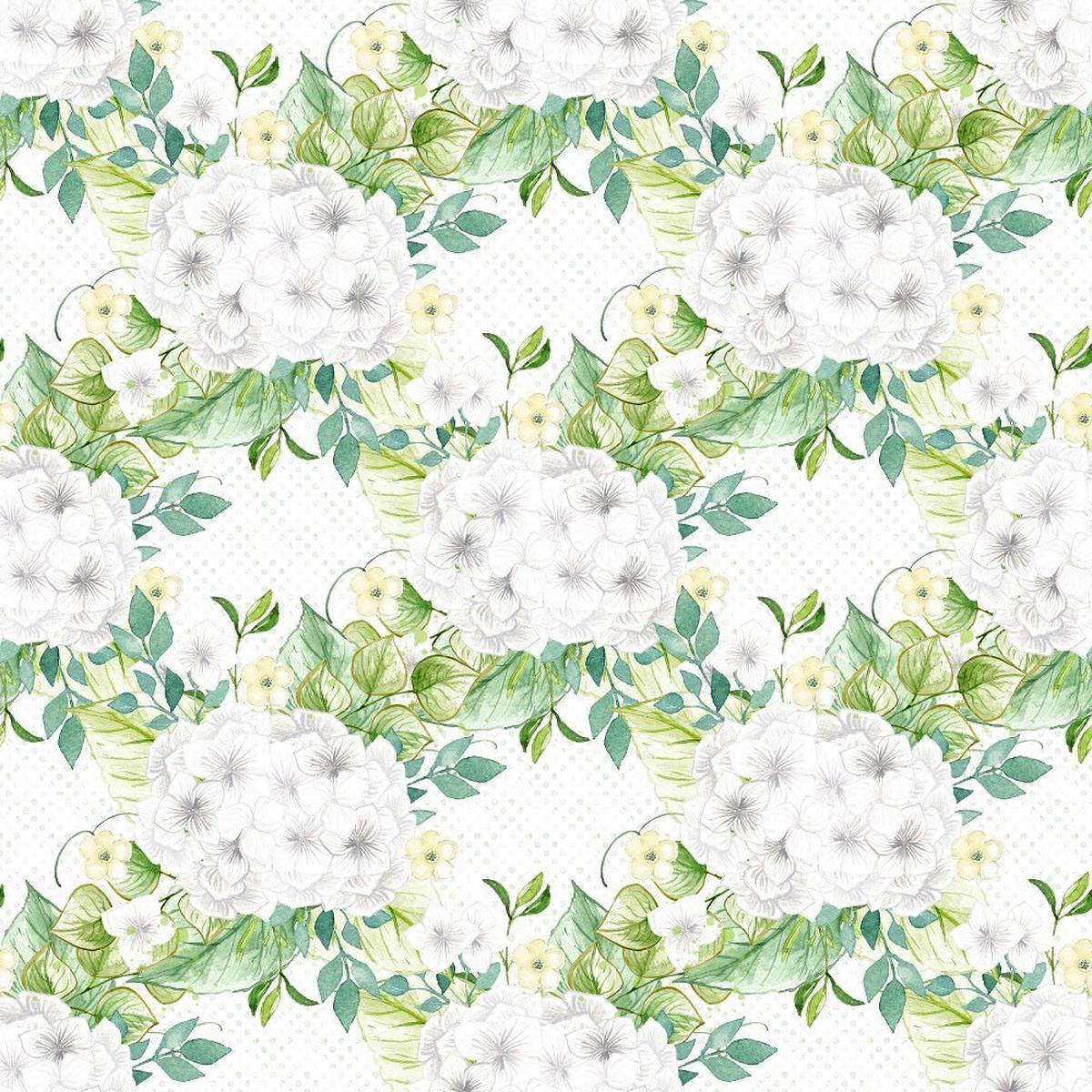 White Hydrangeas Bouquets on White Dots Fabric