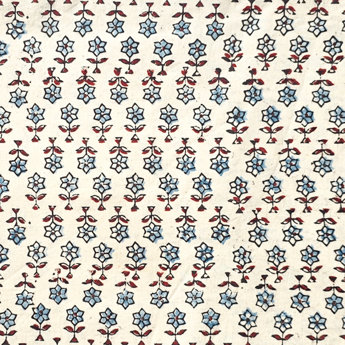 Pure Cotton Ajrak Cream With Blue Tiny Flower Motif Hand Block Print Fabric
