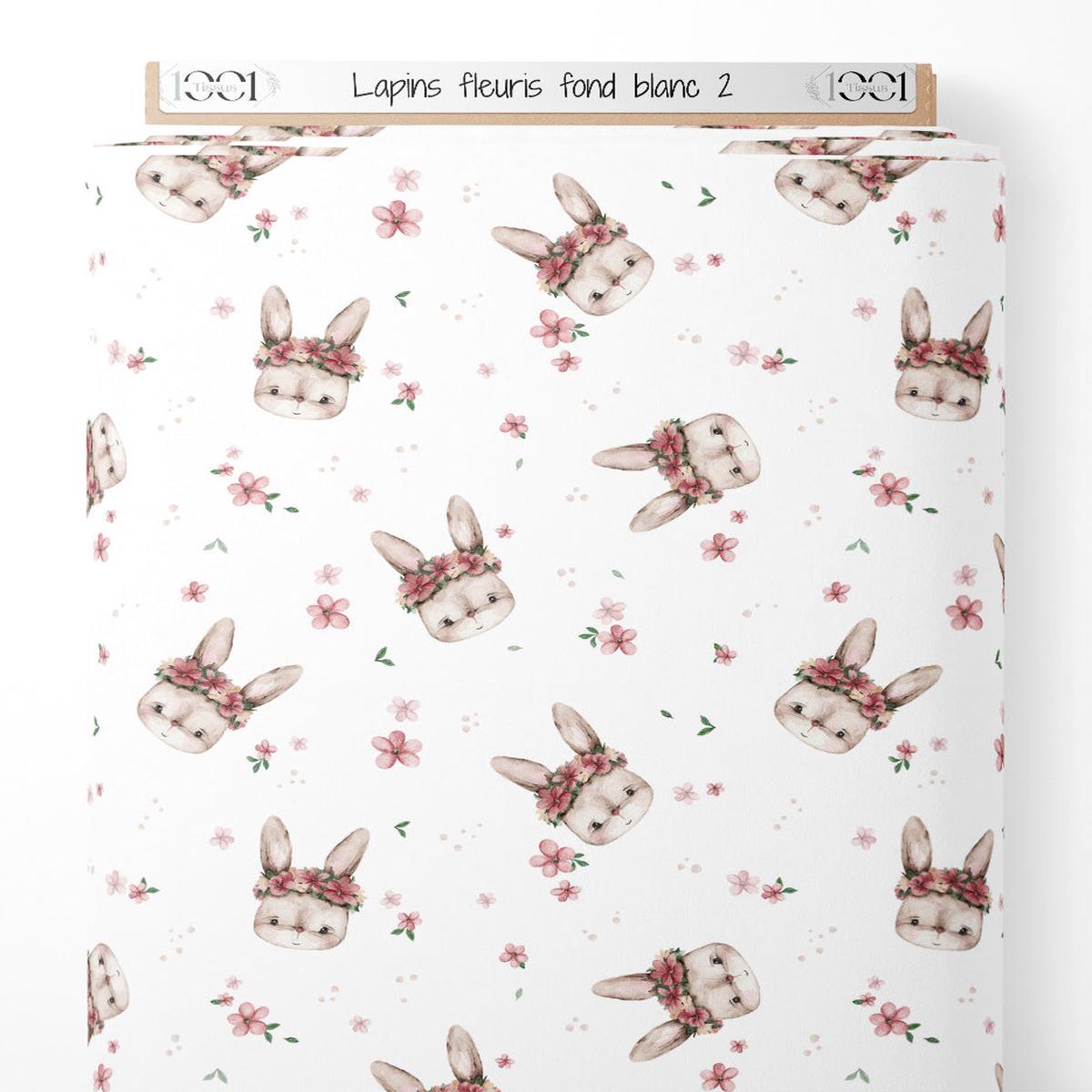 Tissu - Lapins fleuris sur fond blanc 2