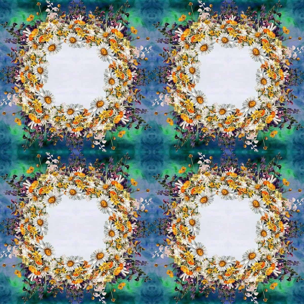 Chamomile Flowers Herbs Wreath Fabric - BlueGreen