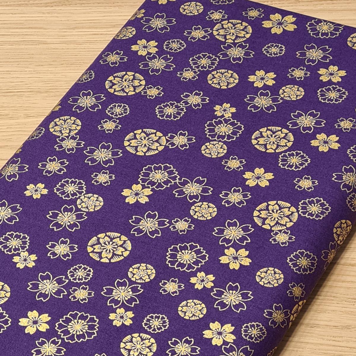 100% cotton fabric golden cherry blossom on purple background (price for 10cm)