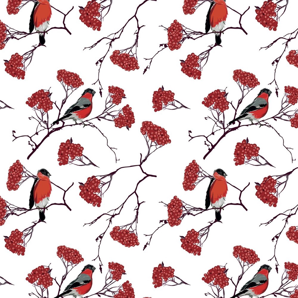 Bullfinch Berry Branches Fabric - White