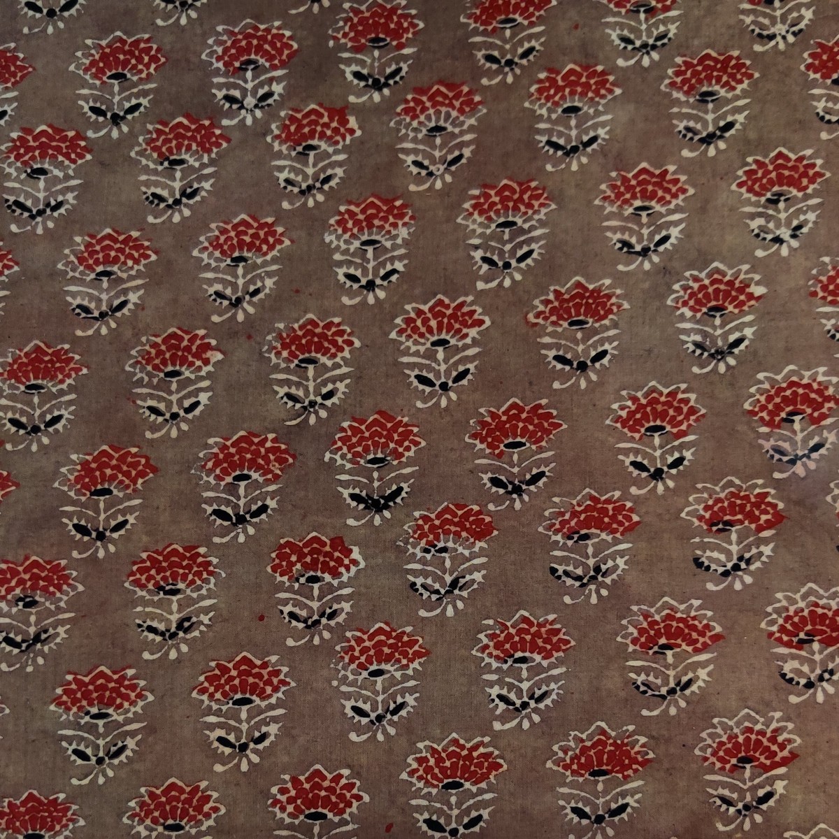 Pure Cotton Ajrak Brown With Single Wild Flower Hand Block Print Fabric