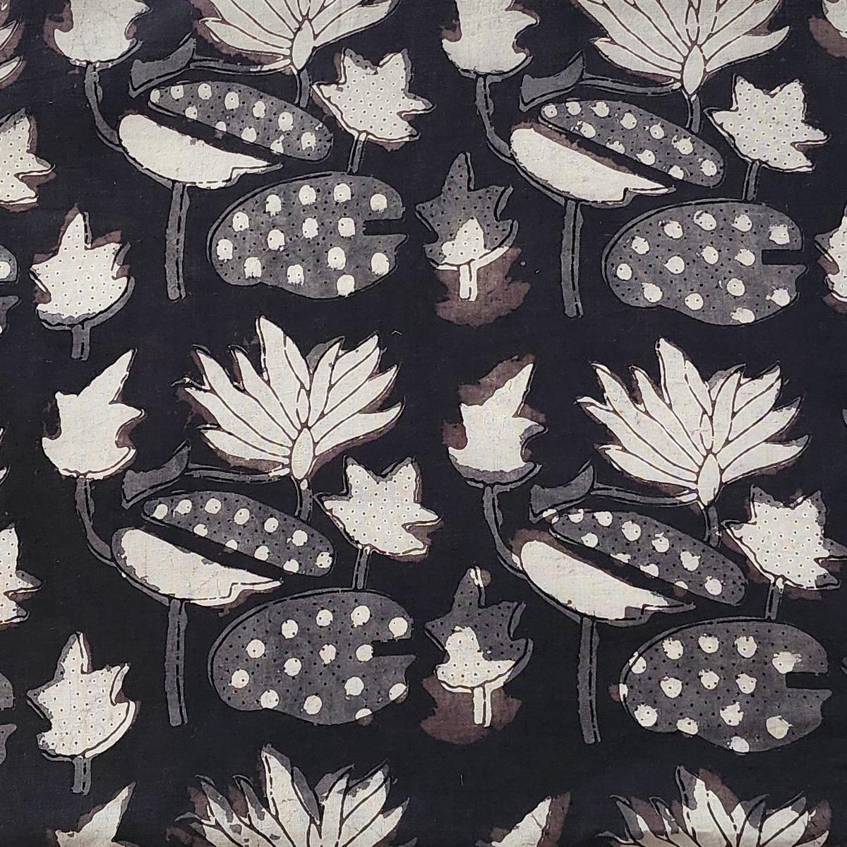 Pure Cotton Vanaspati Dull Black With Cream Lotus Jaal Hand Block Print Fabric